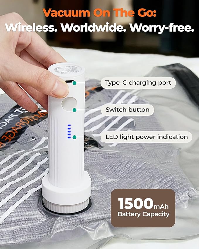 BAGSMART Rechargeable Wireless Pump Travel Storage Bags Set, Portable Space Saver Bags for Travel & Home, Vacuum Compression Seal Bag for Clothing- 12combo bags