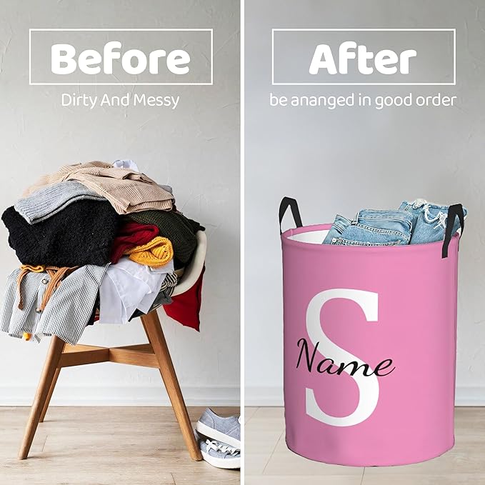 Personalized Laundry Basket Custom Name Dirty Clothes Storage Basket with Handles, Customized Name Circular Foldable Hamper with Handles for Baby Boys Girls Men Women(S)