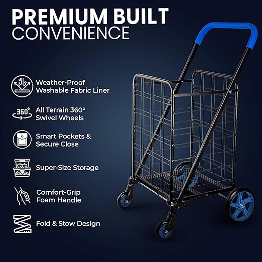 SereneLife Large Folding Utility Shopping Cart with Removable Liner – Heavy Duty, 360° Swivel Wheels, 110 lb Capacity, Portable for Groceries, Laundry, Luggage, and More(Blue)