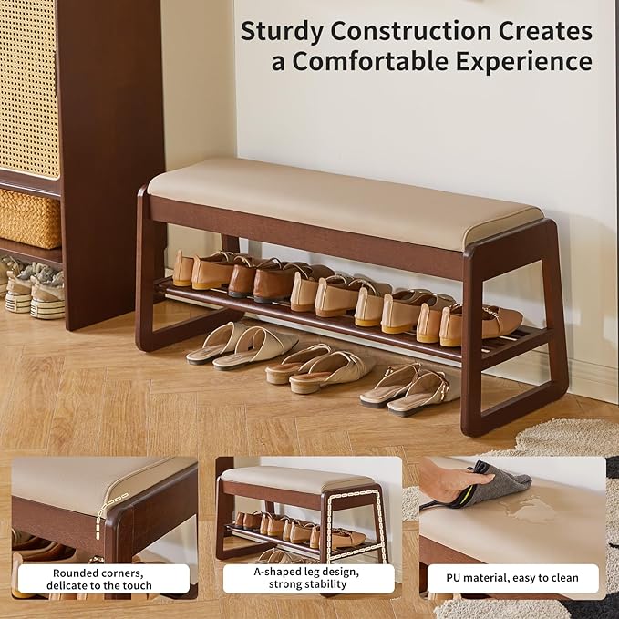 Shoe Rack Bench with Cushion, 2 Tiers Wood Shoe Bench with Flip-Top Storage, 39.37in Shoe Rack for Entryway, Hallway, Walnut Color YD-WD062B