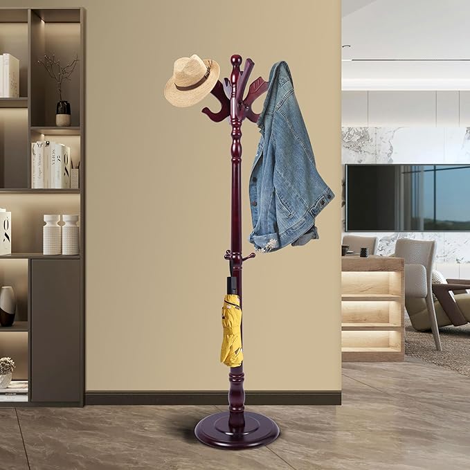 Solid Wood Coat Rack Freestanding with 14 Hooks Bird Shaped,71'' Adjustable Heights Sturdy Coat Racks Tree for Coats Hats Bags,Vintage Wood Coat Tree Hanger Stand for Living Room,Entryway,Office