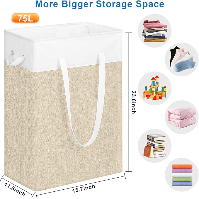 Stero Fabric Laundry Hamper, 75L Large Laundry Basket with Handles, Collapsible Dirty Clothes Hamper for Laundry Dorm, Bedroom, Bathroom, White&Beige