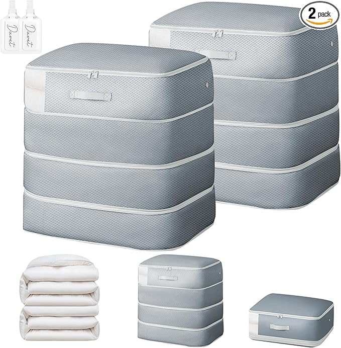 Comforter Storage Bag - 130L Large Capacity Blanket Storage Bags 4-Layer Ultra Space Saving Self Compression Organizer, Washable Compression Bags for Storage Comforter Blanket, 2-Pack, Grey