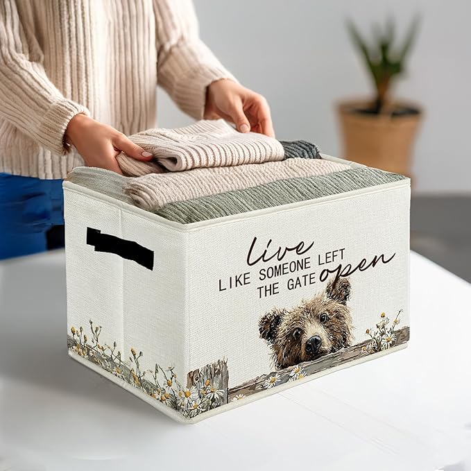 Rustic Bear Storage Bins & Boxes with Handles, Farmhouse Bear Foldable Basket for Organizing, Live Like Someone Left the Gate Open Collapsible Storage Basket for Bedroom Bathroom Clothes Toys