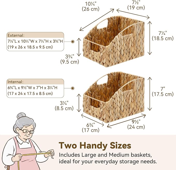 GRANNY SAYS Wicker Storage Baskets for Shelves, Trapezoid Woven Basket with Handles, Storage Wicker Baskets for Pantry, Water Hyacinth, 2-Pack
