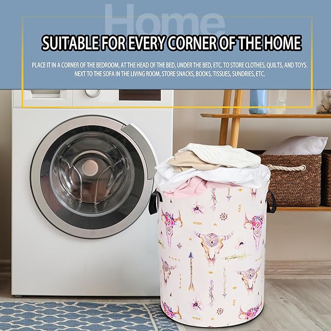 Bohemian Cow Skull Laundry Basket Ethnic Style Foldable Oxford Cloth Funny Tote Bag Laundry Hamper Clothes Storage Bucket Toy Organizer For Bathroom/Laundry Storage/Bedroom 18.9x16.5 Inch