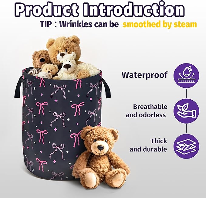 Beautiful Bow Laundry Basket Foldable Oxford Cloth With Handle Portable Colorful Storage Basket Organizer Suitable For Laundry Room/Living Room/Bedroom/Children'S Room (18.9 X 16.5 Inch)