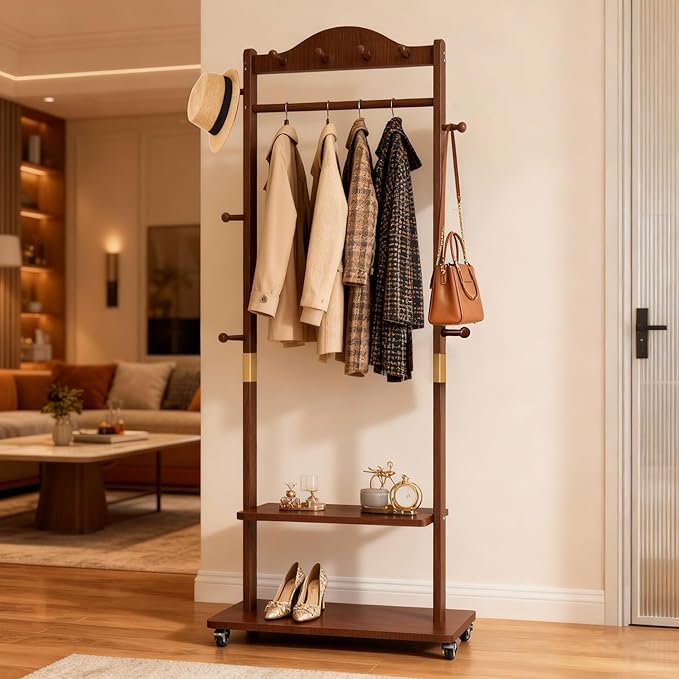 Coat Rack Freestanding Clothing Rack with Wheels - Heavy Duty Clothes Rack with 2 Shelves, Wooden Coat Hanger Stand with 4 Top Hooks & 5 Side Hooks for Entryway Hallway Living Room Office