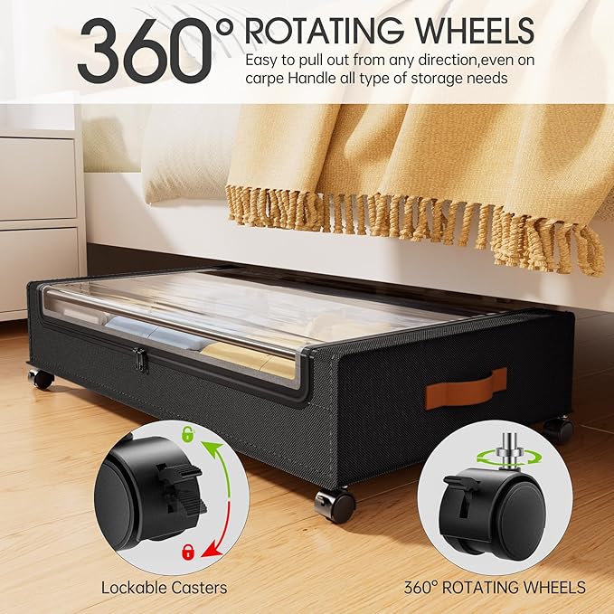 Yecaye 60L Under Bed Storage with Wheels, 2 Pack Under Bed Storage Containers, Underbed Shoe Storage with Clear Window & Label, Rolling Under Bed Metal Drawer for Clothes, Shoes, Books, Black
