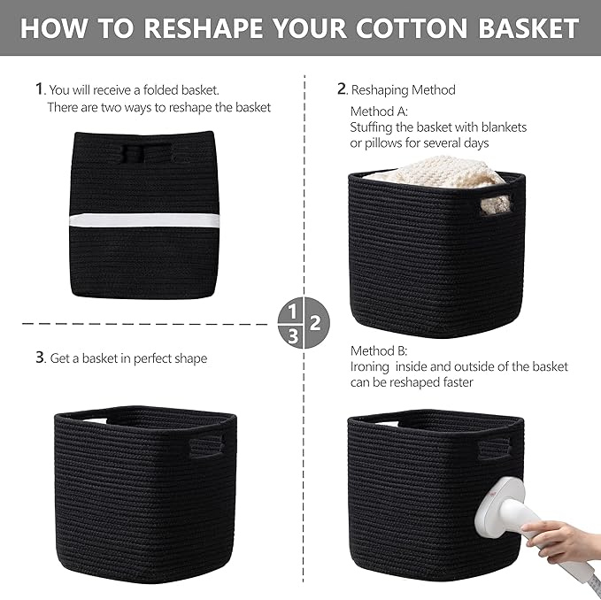 UBBCARE Set of 3 Cotton Rope Basket 13 X 13 X 13 Inches, Woven Storage Baskets for Shelves, Organizing with Handles, Cube Storage Bins for Storage Books, Magazines, Black
