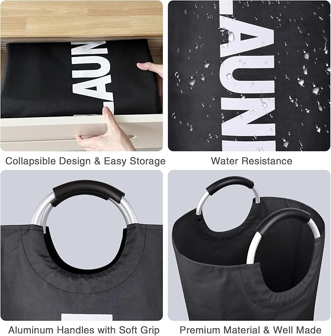 Laundry Basket 2 Pack Collapsible, Freestanding Clothes Hamper Bag with Handles – Tall Folding Dirty Laundry Bin，Sturdy Laundry Sorter for College Dorm, Laundry Room – 95L (Black)