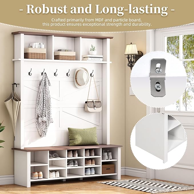 Versatile 4-in-1 Hall Tree with 6 Hooks, Practical Walnut Entryway Bench with Adjustable Shelves, Wood Coat Rack Shoe Cabinet with 16 Open Compartments for Entrance Hallway (White-3.2)