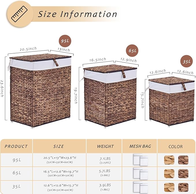 Mini Handwoven Laundry Basket with Lid, Natural Water Hyacinth Storage Basket with Handle, Removable Cotton Liner, Durable and Stylish for Bedroom, Bathroom, Laundry Room