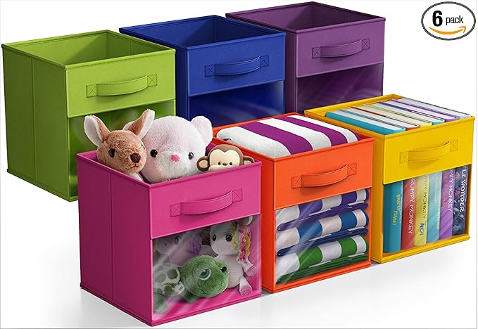 Sorbus 11 Inch Storage Bins with Clear Window - 6 Foldable Baskets for Organizing Clothes, Toys, Books - Sturdy Collapsible Fabric Storage Cubes with Handle - Storage Baskets for Shelves, Closets