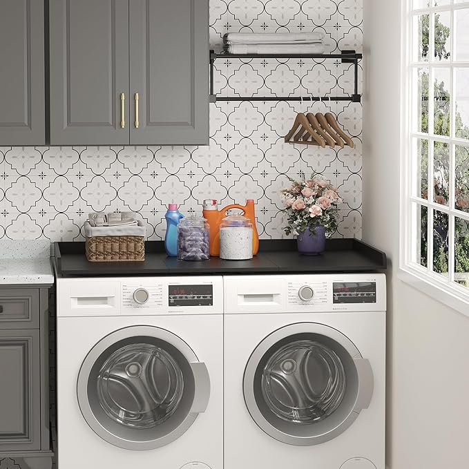 Lifewit Washer Dryer Countertop, Melamine Covers with Edge Rails for The Top, Laundry Room Storage and Organization, Spice Type, Hold 200lbs, Black, 54" x 27.5"