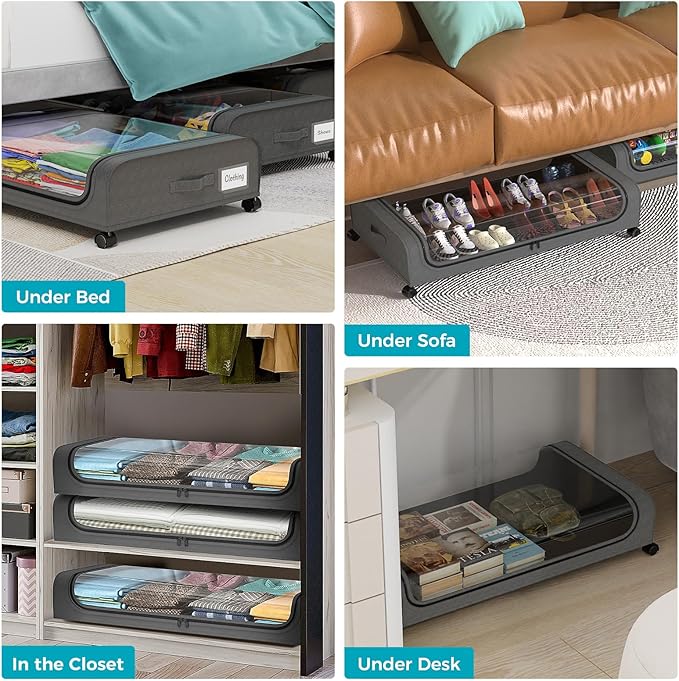 oylik 4 Pack Under Bed Storage with Wheels, Under Bed Shoe Storage Larger Capacity with PVC Clear Window & Label, Under the Bed Storage Containers for Shoe Clothes Toy Book(Grey)