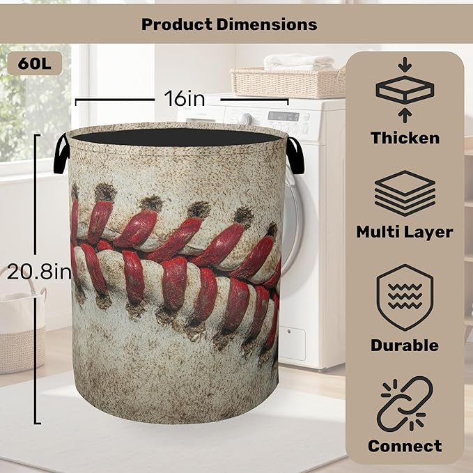 Baseball Laundry Basket with Handles - Extra Large Foldable Hamper for Bathroom/Laundry/Bedroom/Dorm, Washable Fabric Storage Bin