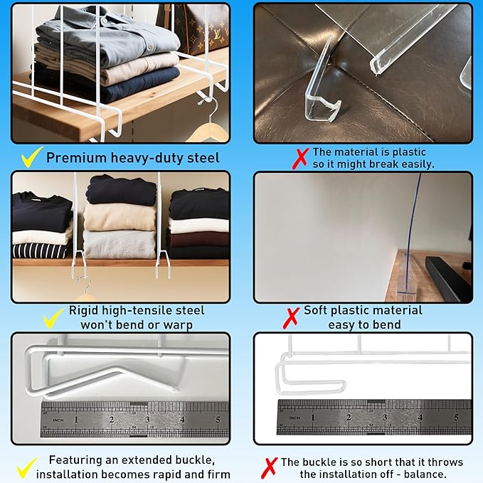 Wire Shelf dividers, Heavy Duty-Shelf dividers, [3.9"] Reinforced Wide BottomAnti &Tip Bottom Stability,Durable Coated Steel, Will not brea-Set of 8, White