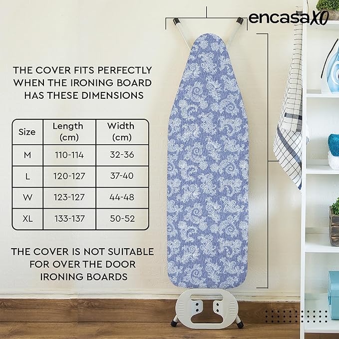 Encasa XO Ironing Board Cover with 4mm Extra Thick Felt Pad for Steam Press – Blue - (Fits Standard Boards of Medium, 42"x14") Elastic Fitting, Heat Reflective, Protective