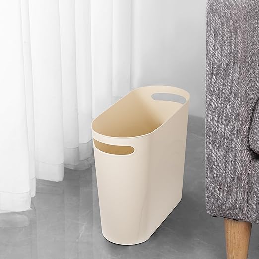 rejomiik Small Trash Can, 3.5 Gallon Slim Garbage Can Plastic Waste Basket with Handles Container Bin for Narrow Spaces Bathroom, Bedroom, Kitchen, Office at Home, Cream