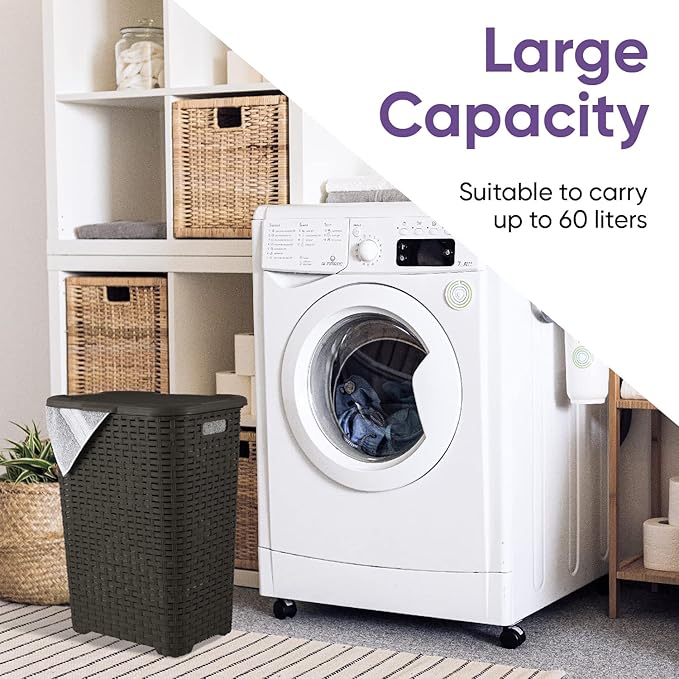 Plastic Laundry Hamper with Lid 3 Pack Laundry Hamper Basket, Brown Tall Cloths Hamper Organizer with Cut-out Handles. Space Saving for Laundry Room Bedroom Bathroom, Wicker Design 60 Liter