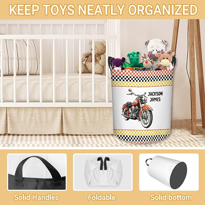 Personalized Motorcycle Laundry Basket, Custom Laundry Hamper With Name Gifts For Kids Baby Adults, Collapsible Dirty Clothes Storage Organizer With Handles M 19.6 X 15.7in