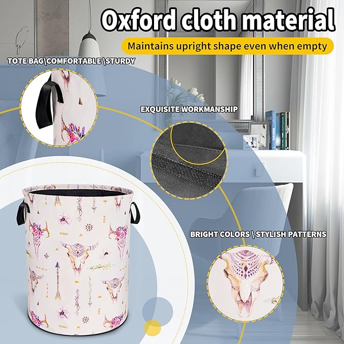 Bohemian Cow Skull Laundry Basket Ethnic Style Foldable Oxford Cloth Funny Tote Bag Laundry Hamper Clothes Storage Bucket Toy Organizer For Bathroom/Laundry Storage/Bedroom 18.9x16.5 Inch