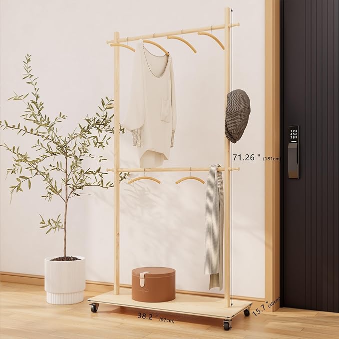 CHANCEE Solid Wood Garment Rack with 6 Wooden Hangers, Adjustable Shelf and Wheels, Space-Saving Clothes Drying Rack for Bedroom, Living Room, or Entryway