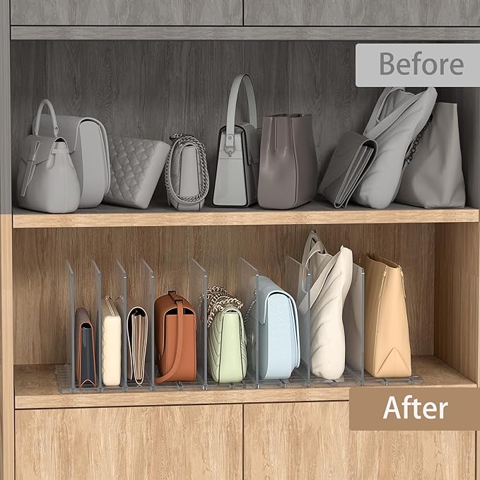 Bag & Purse Organizer for Closet: Adjustable Clear Handbag Storage Shelf - Plastic Clutch Dividers for Closet Organizers and Storage - Keep Carteras & Pocketbook Upright 3 Pack - 11Dividers