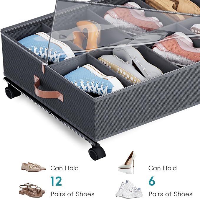Under Bed Shoe Storage with Wheels, Set of 2, Fit 12 Pairs, Dorm Room Essentials, Shoe Organizer Under Bed Solution with Clear Window, Breathable, Shoe Organizer for Closet
