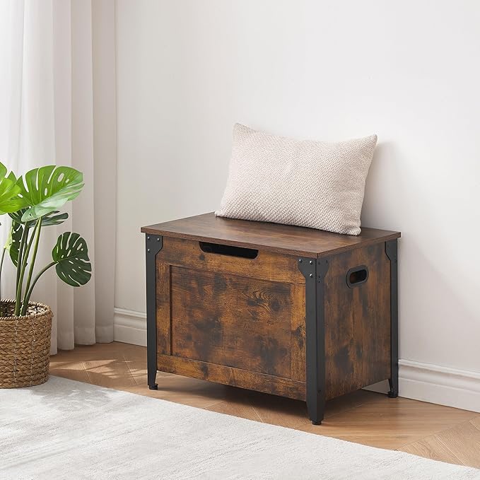 GAOMON Storage Chest, Wood Storage Bench with Seating and Safety Hinge, Entryway Bench with Storage, Farmhouse Storage Chest Trunk for Bedroom, Living Room, Retro Brown