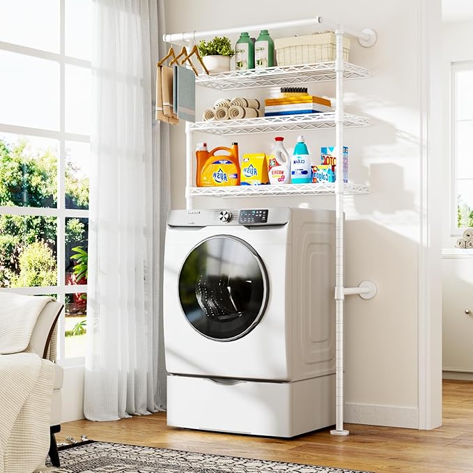 U17 Wall-Mounted Over The Washer Dryer Shelves Without Moving Machines, Laundry Room Rack with Adjustable Shelves and Hanger Rod, 35" W x 22" D x 86.2" H, Holds 352 lbs, White
