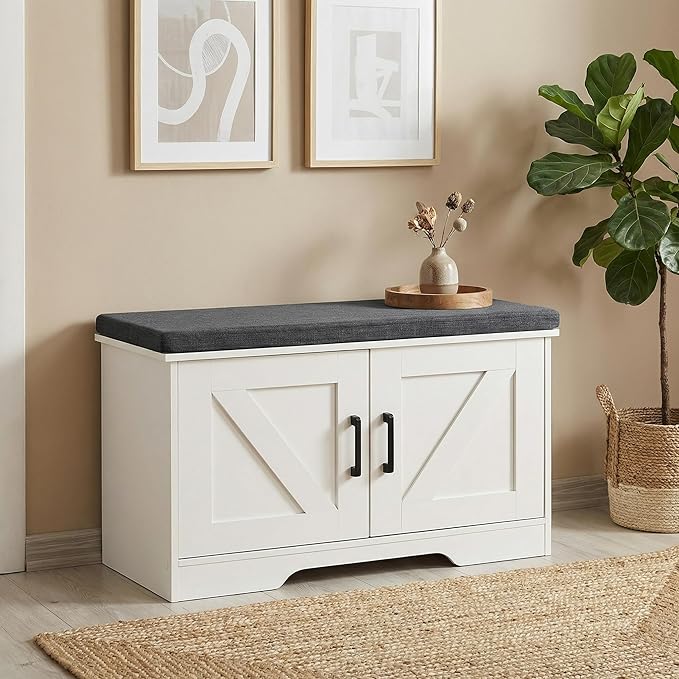 2-Tier Storage Bench, 27.6" Wide Shoe Bench with Padded Seat Cushion, Entryway Bench with 2 Barn Doors and Adjustable Shelf, White
