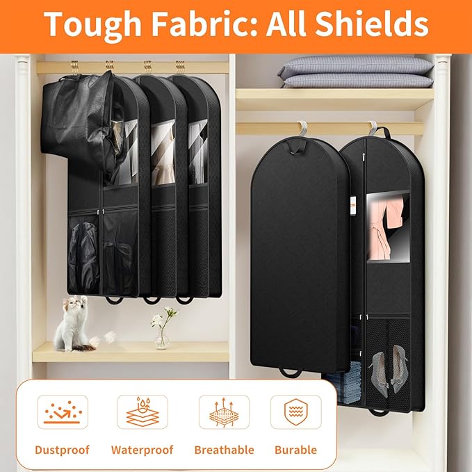 Suit Garment Clothes Travel Bag: 63 inch Lightweight Foldable Black Short Fabric Breathable - Hanging Storage Cover Pockets Zipper for Women - Wardrobe Carry Coat Jacket Uniform Tuxedo Shirt