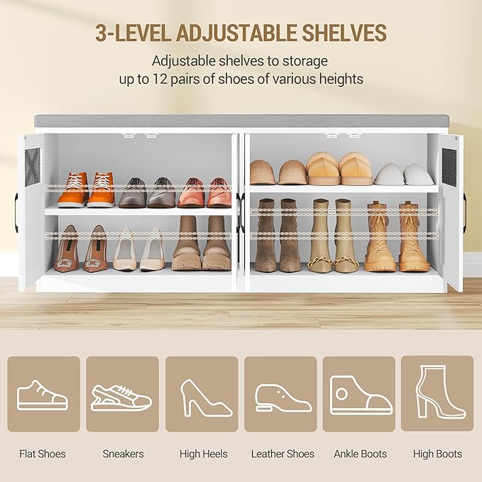 2 Tier Shoe Storage Bench with Doors, 47.2" Farmhouse Shoe Bench with Padded Cushion, 12 Pairs of Bed End Bench, Entryway Bench with Storage for Bedroom, Living Room, White SB61203X