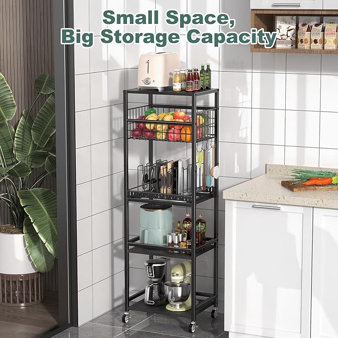 Housolution 5 Tier Kitchen Rolling Cart, Storage Cart with Metal Fruit Vegetable Basket and Pull-Out Pot Lid Cutting Board Organizer, Storage Rack with Wooden Top for Kitchen, Pantry, Bathroom