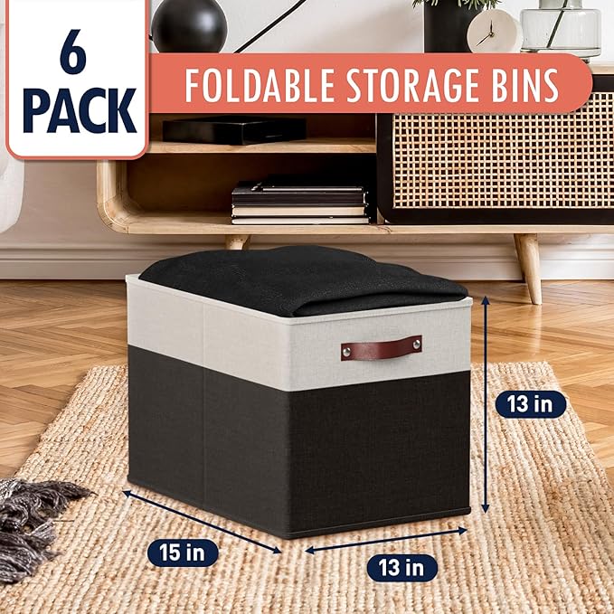 Ornavo Home 13 x 15 x 13 Kallax Storage Cube Bins, Foldable Collapsible Fabric Storage Bins Box Linen Shelf Basket Cube Organizer for Closet with Leather Handles, 6 Pack, White/Black
