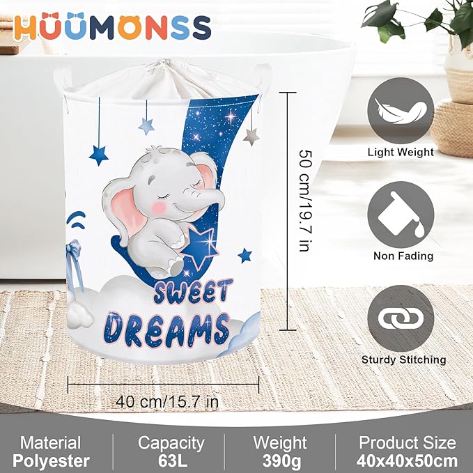 Sleeping Animals Baby Laundry Hamper Collapsible Clothes Kids Storage Basket Large Boys Girls Gift Toy Box Bin for Nursery, Elephant, 63L