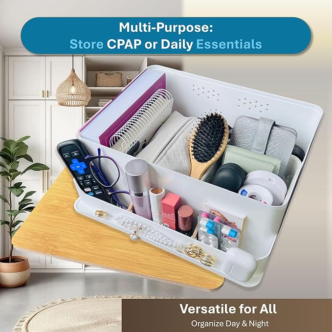 Maximun CPAP Bedside Organizer & Storage Box - Compatible With ResMed AirSense 11/10 Philips DreamStation, Sleep Apnea Machine Protector with Dual Hose Ports, Cable Management - White