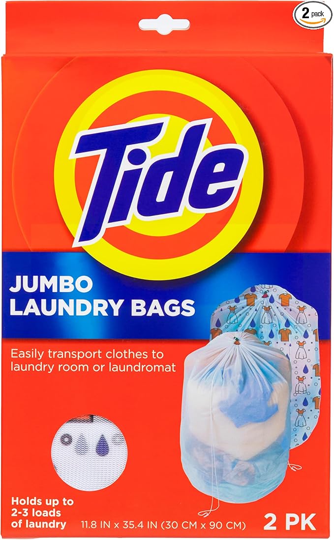Tide Jumbo Mesh Laundry Bags, 2 Pack, 12" x 34", Holds Up to 3 Loads – Durable, Breathable Laundry Sack for Home, Dorm & Travel