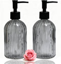 Gray Glass Soap Dispenser Set with Black Pump, 13.5oz Refillable Liquid Hand Soap Dispenser for Liquid, Shower Gel, Bathroom, Kitchen, Vanity Countertop, Laundry Room & Home Decor (2 Pack)