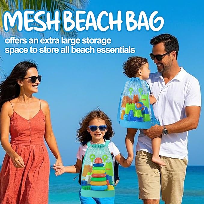 Palksky Large Mesh Beach Bag for Kids,3Pack Drawstring Sand Beach Toy Bag, Mesh Backpack for Beach, Shell Bags for Beach, Toddler Beach Essentials, Toy Not Included