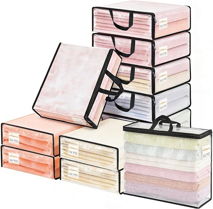 Vieshful 12 Pack Clear Storage Bags for Clothes, 17.7" × 14.96" × 5.1" Clear PVC Mesh Clothing Organizers with Zipper for Blankets, Clothes, Bedding, Sweater, Toys & Closet Storage, 22L Black