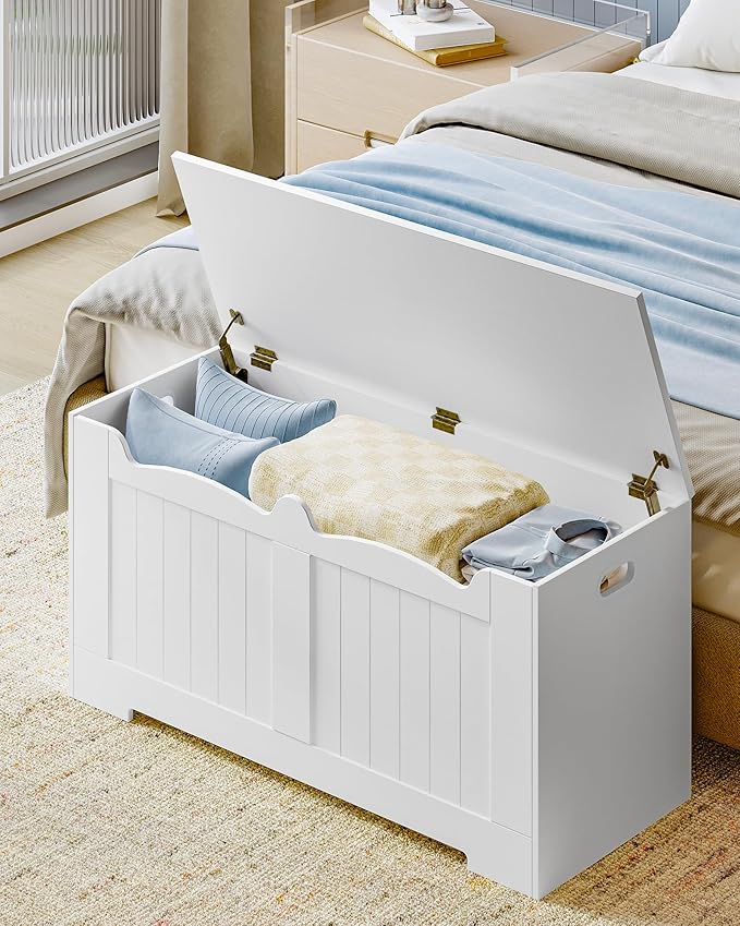 39.4" Storage Chest, Storage Bench Trunk with 2 Hinges, Wooden Box, Lift-Top Chest Organizer, Shoe Bench for Entryway, Bedroom, Living Room, White 01003XSB
