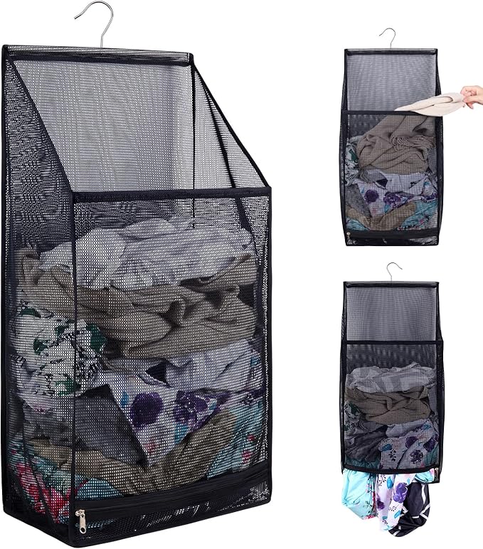Hanging Collapsible Breathable Mesh laundry bags,Fast Drying Portable Space Saving Laundry Hamper for dorm,Rv Laundry Hamper Storage (Black)