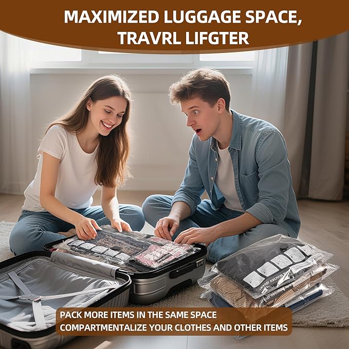 12 Pack Travel Vacuum Bags for Clothing,Compression Seal Packing Cubes for Luggage Suitcase Backpack,Carry-on Size Space Saver Storage Bags 80% Space Saver for travel,outdoor and home use.
