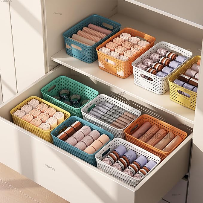 Plastic Storage Basket with Lids 10 Pack Stackable Colorful Storage Bins Containers with Lid, Decorative Storage Boxes for Organizing Shelves, Drawers, Playroom, Classroom, Office, Closet