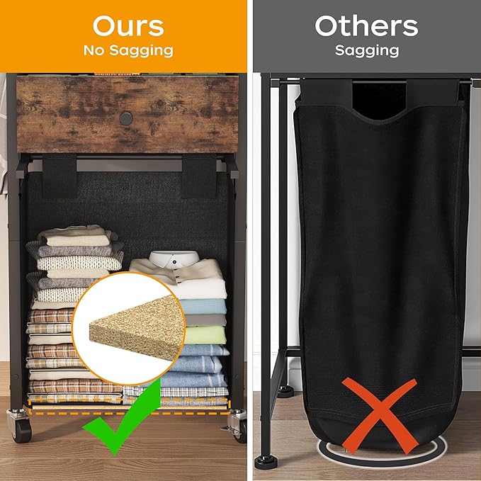 2 Tiers Laundry Hamper with Fabric Drawer and 2 Wooden Shelves, Laundry Basket with Removable Bag and 8 Storage Hooks, Laundry Sort with Divided Bag for Laundry Room, Bathroom, Bedroom, Dorm