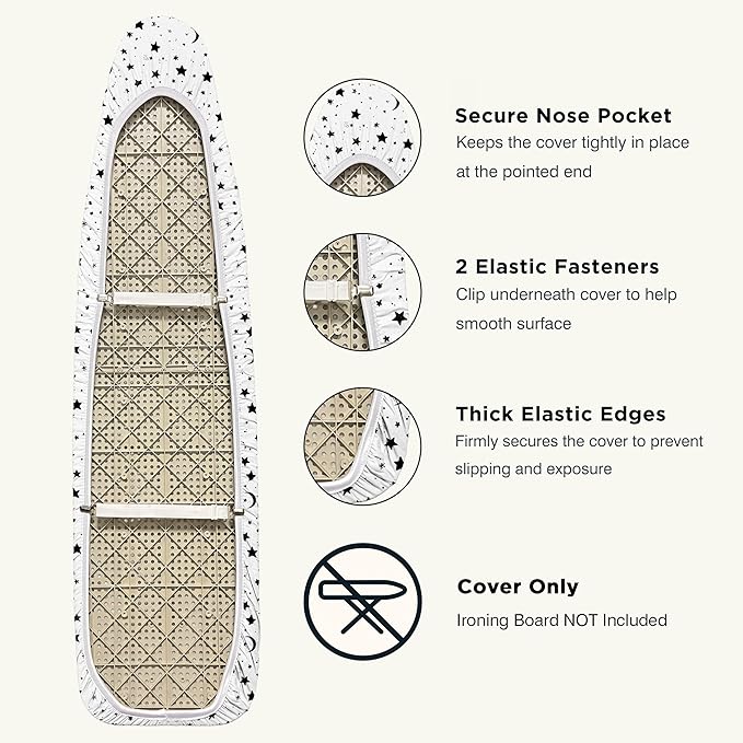 Ironing Board Cover and Pad 15"x54" Extra Thick Natural Cotton, Scorch and Stain Resistant Padding, Standard Size Iron Board Cover with Fasteners Heavy Duty Elastic Edge, Heatproof Nightfall