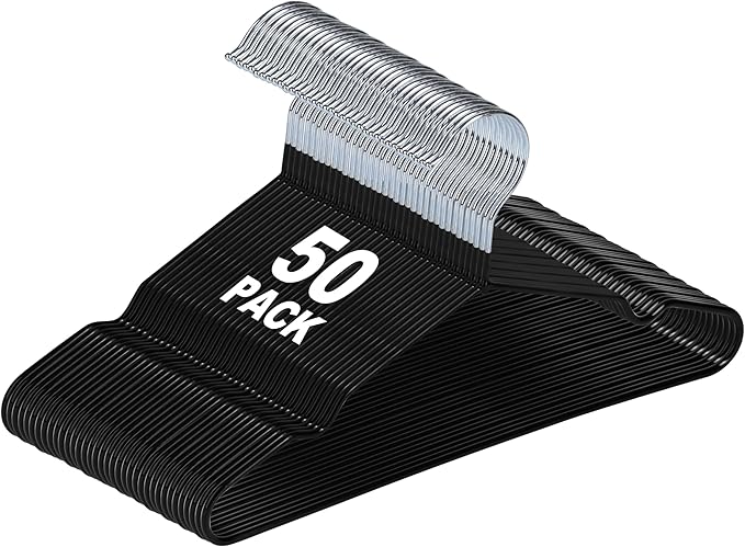 Quality 16-Inch ClosetMax Metal Non-Slip Hangers – 50-Pack – Thin 3.6MM Space Saving with PVC Rubber Coating, Anti-Rust, Chrome Hook – for Everyday Lightweight Clothing (50, Black, 16 Inch)